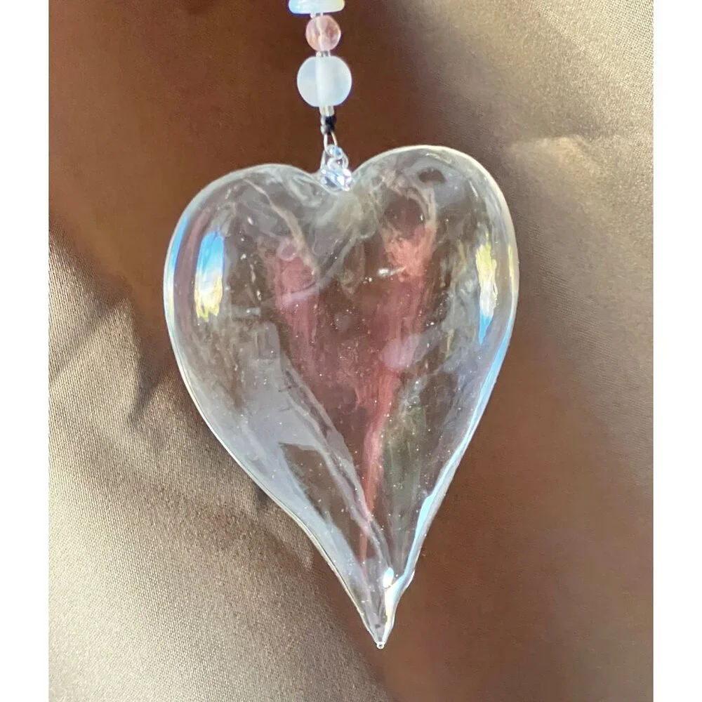 Handcrafted Clear Glass Heart Ornament With Glass Beaded Accent